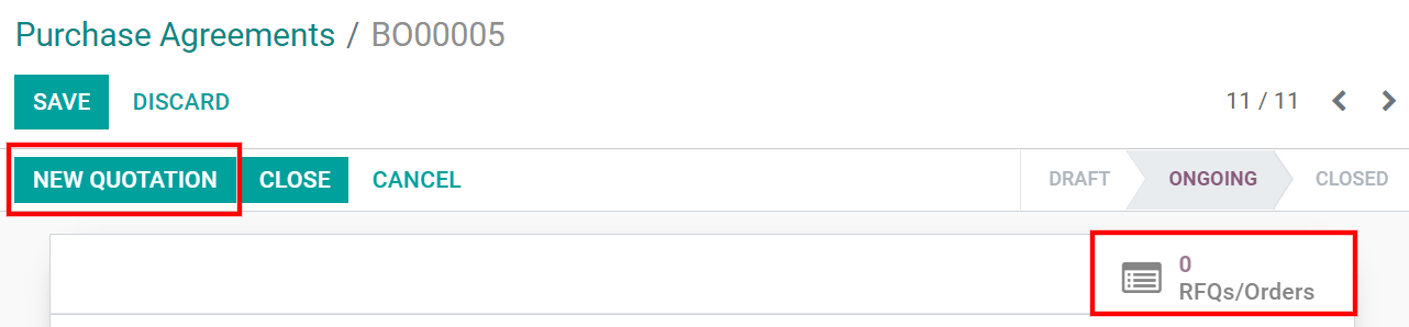Creați noi oferte pentru o comandă generală în curs de desfășurare în Odoo Achiziție