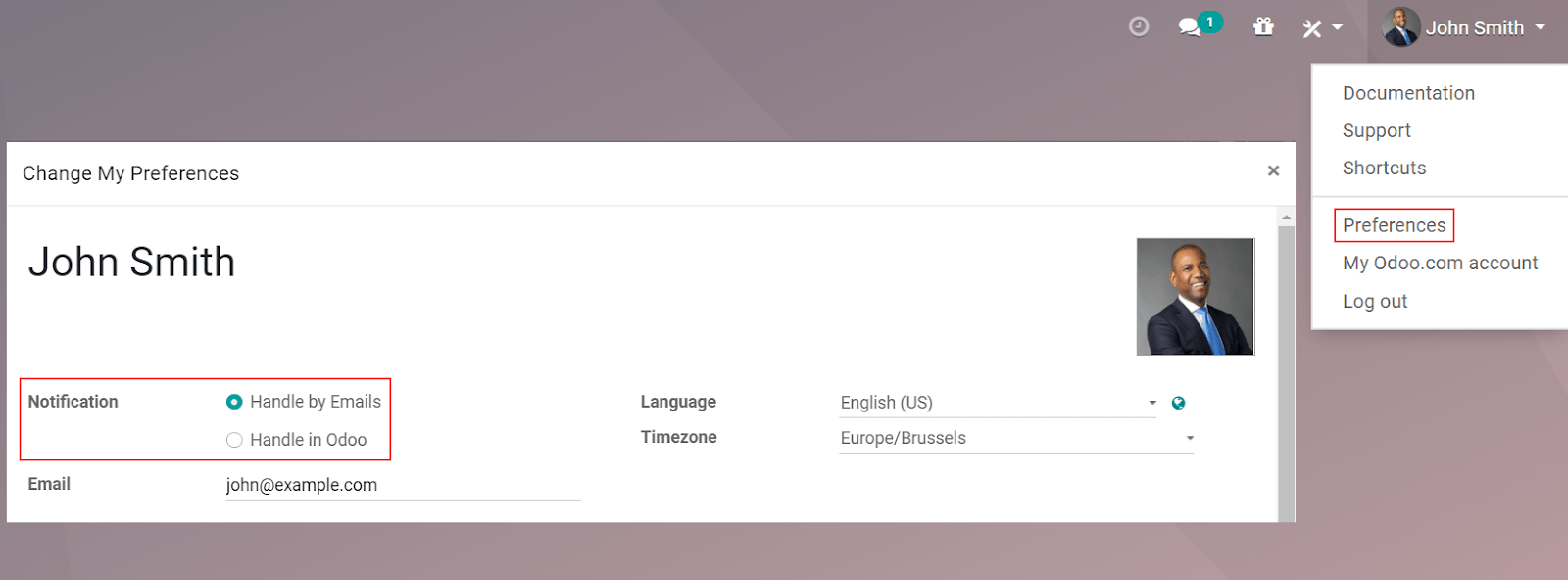 Vizualizare a paginii preferințelor pentru Odoo Mesagerie