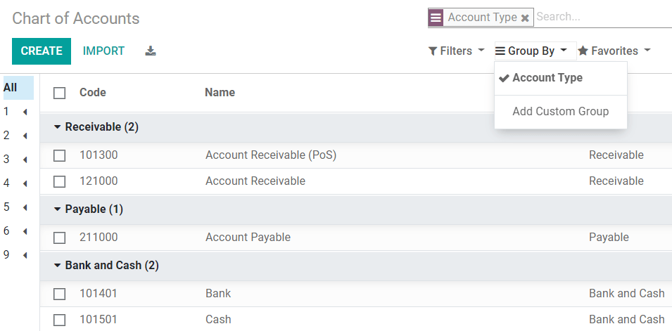 Gruparea conturilor după tip în Odoo Contabilitate