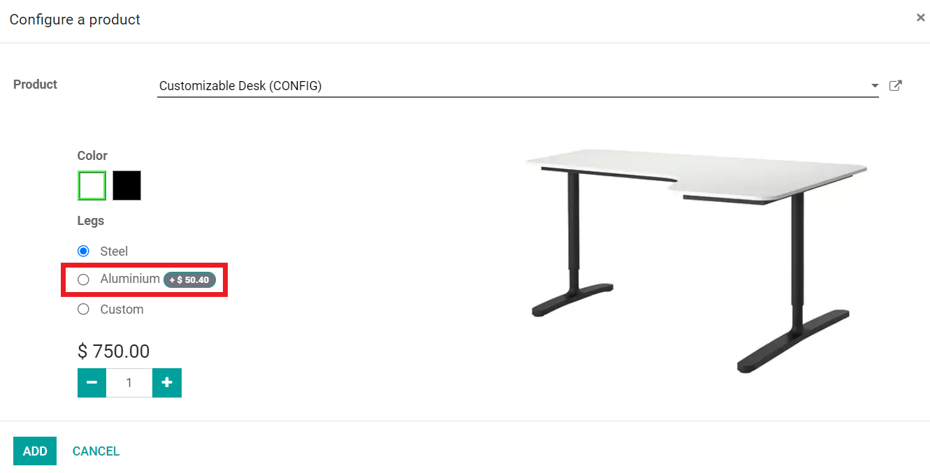 Configurator de produs și prețuri suplimentare.