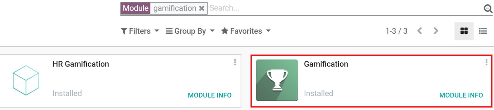 Vedere a modulului gamification în timpul instalării în Odoo