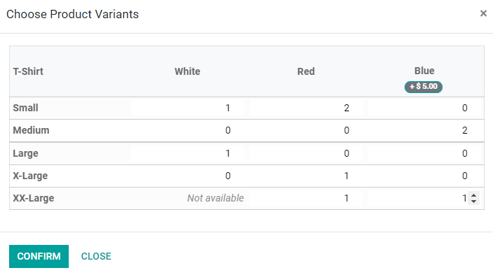 Fereastră pop-up pentru intrarea în grila de variante.