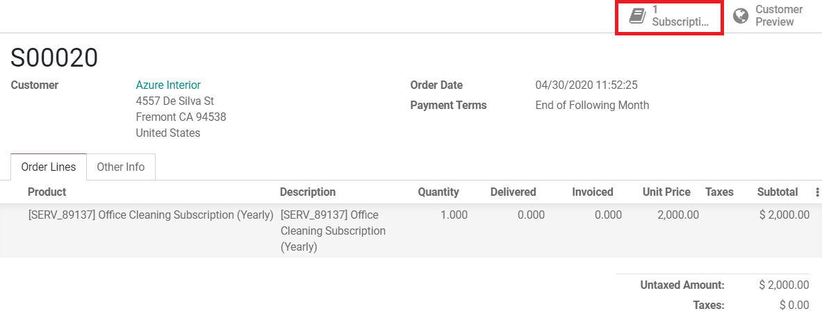 Formular de ofertă în Odoo Vânzări cu un buton "Abonamente"