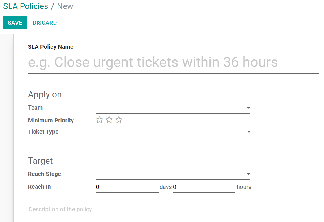 Vizualizarea a unui formular SLA în Odoo Helpdesk