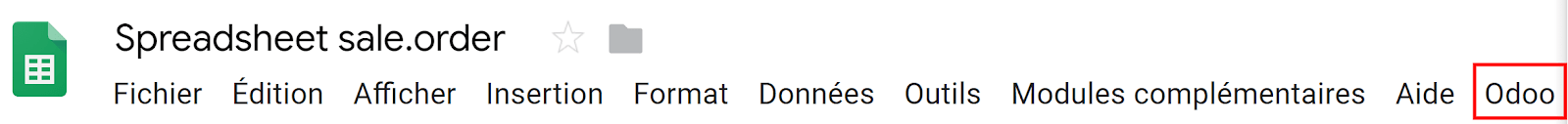 Meniul numit Odoo este afișat în bara de setări în Spreadsheet