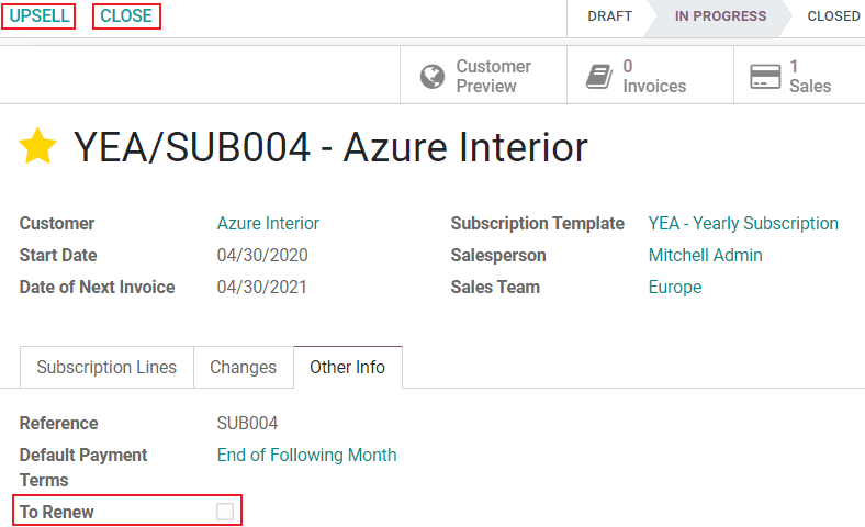 Utilizarea butonului inteligent "Abonamente" în Odoo Vânzări