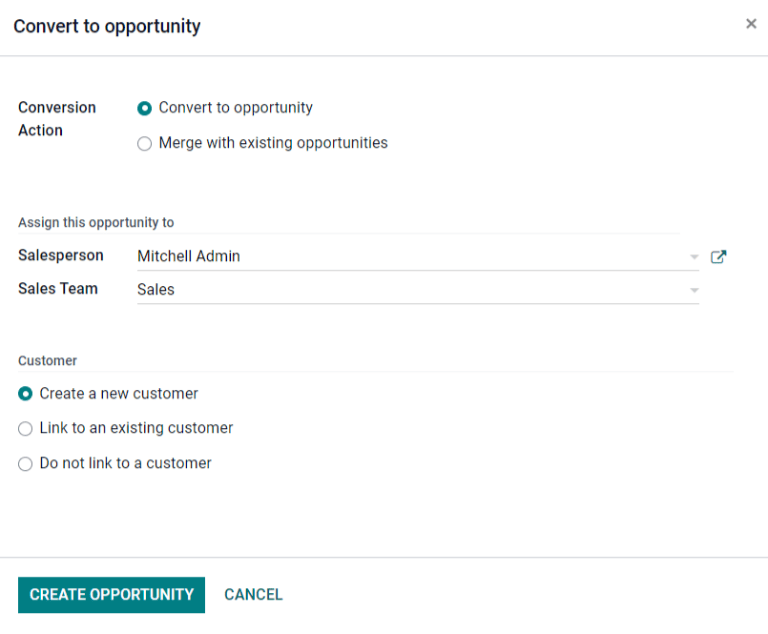 Ventana emergente para convertir a oportunidad.