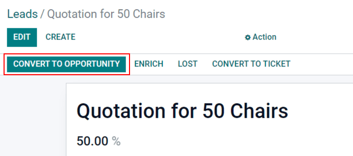 Botón para crear oportunidad en el registro de un lead.