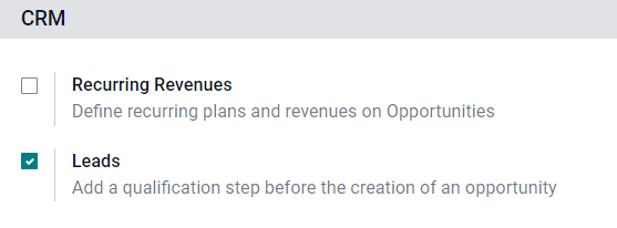 Ajustes de leads en la página de configuración de CRM.