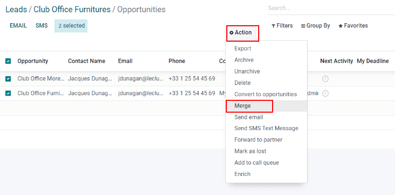 Opción para fusionar en el menú de acción desde la vista de lista.