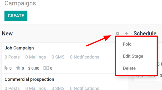 Vue de la page des campagnes dans l'application Marketing social d'Odoo.