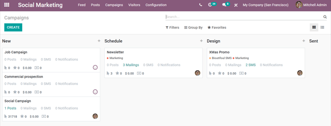 Vue de la page des campagnes dans l'application Marketing social d'Odoo.