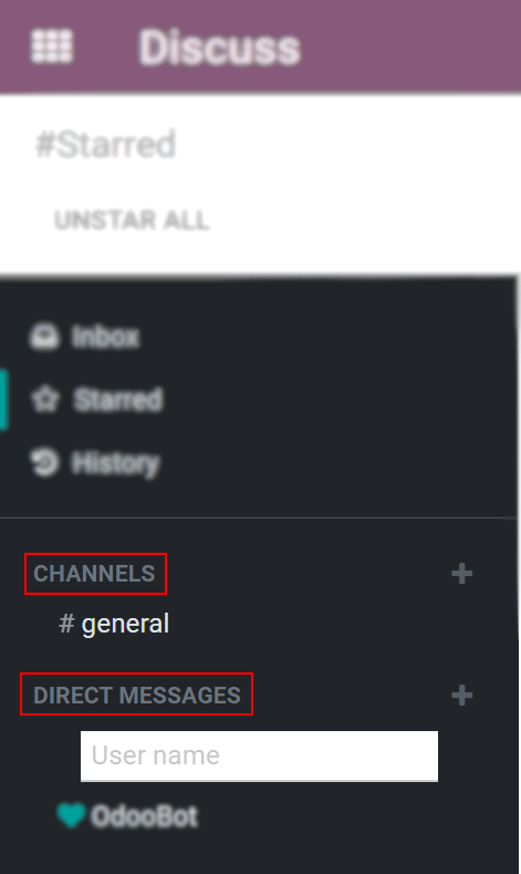 Vue du panneau de Discussion mettant en évidence les titres, les canaux et les messages directs dans Odoo Discussion.
