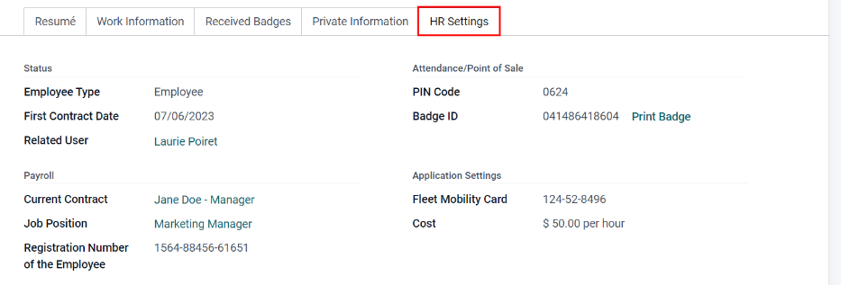 Saisissez toutes les informations demandées dans l'onglet Paramètres RH pour l'employé.