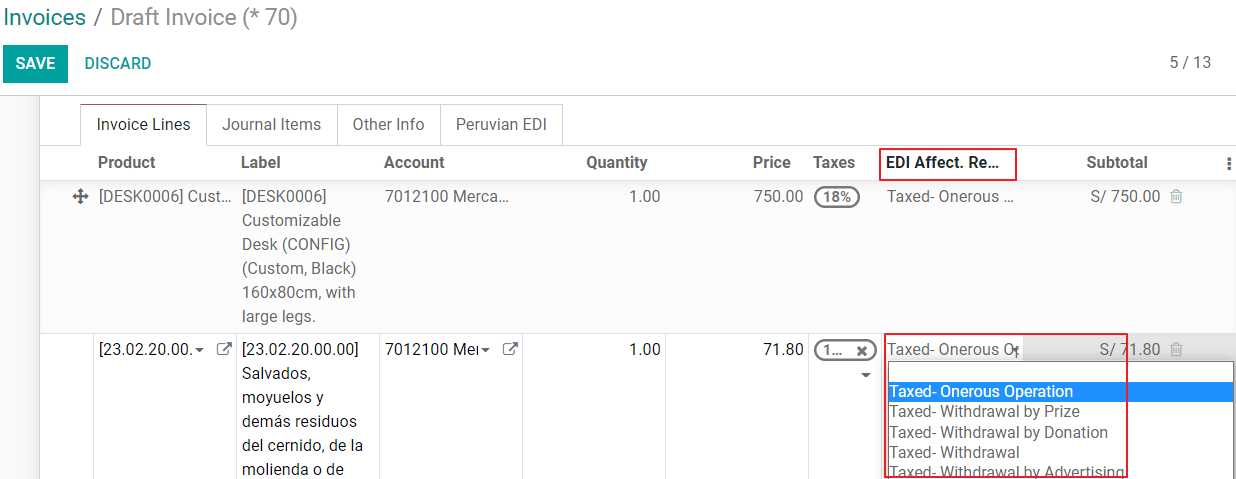 Motif d'affectation de la taxe dans la ligne de facture