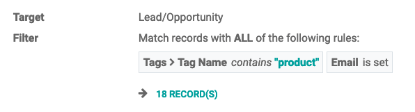 Leadgeneratiefilters die gebruikt worden om records te verfijnen op automation campagnes in Odoo.