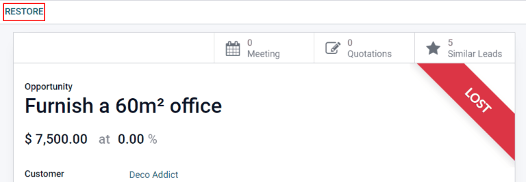 已丢失的商机，强调“恢复”按钮。
