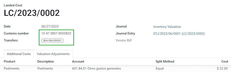 Zollnummer auf einem Wareneinstandspreis.