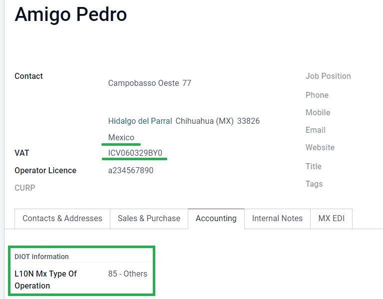 DIOT-Informationen zu einem Lieferantenkontakt.