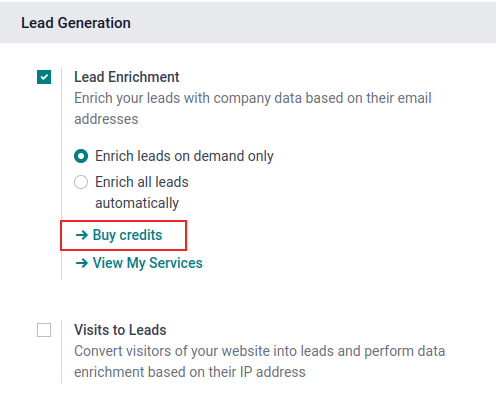 Comprar créditos de los ajustes de enriquecimiento de leads.