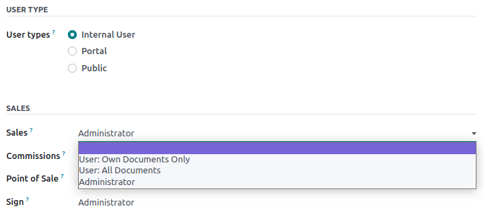 Il menu a discesa delle applicazioni di vendita consente di impostare il livello di autorizzazioni dell'utente.