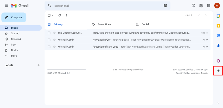 Gmail 받은 편지함에서 사이드 패널에 있는 더하기 기호 아이콘