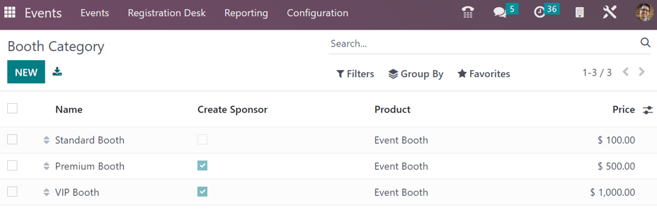 The Booth Category page in the Odoo Events application.
