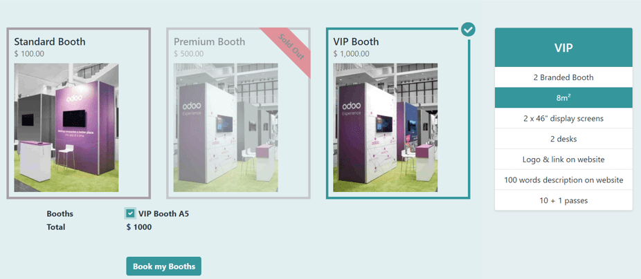 Typical Get A Booth page on the event website via the Odoo Events app.