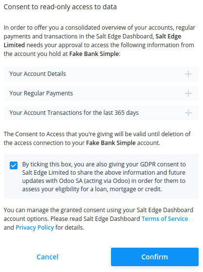 Salt Edge ger samtycke sida.
