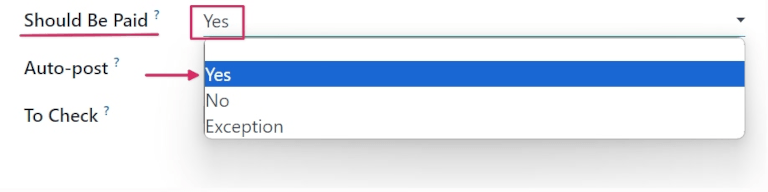 Status des Felds „Sollte bezahlt sein“ auf Entwurf einer Lieferantenrechnung.