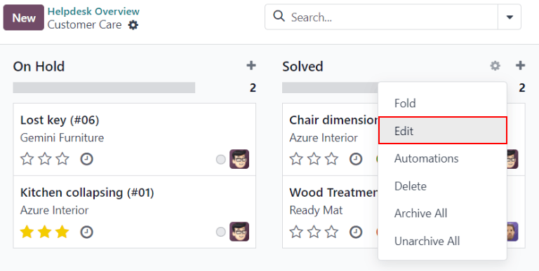 Vista de la etapa en el flujo de soporte al cliente, destaca el icono de engranaje y la opción de edición de la etapa.