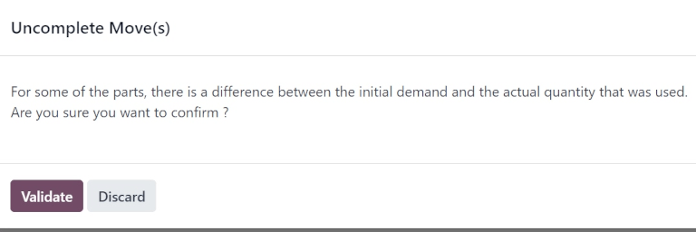 Ventana emergente de movimientos incompletos para las piezas sin utilizar.