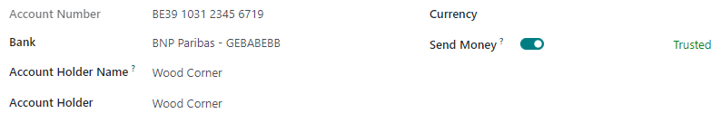 Ejemplo de una cuenta bancaria perteneciente a un proveedor con el botón "Enviar dinero" con la opción "confiable" habilitada.