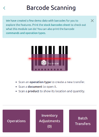 Barcode app start screen with scanner.