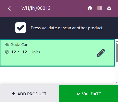 Overview of receipts in transfer to validate.