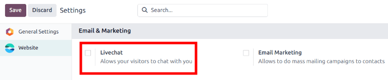 Odoo Live Chatの設定ページとライブチャット機能の画面