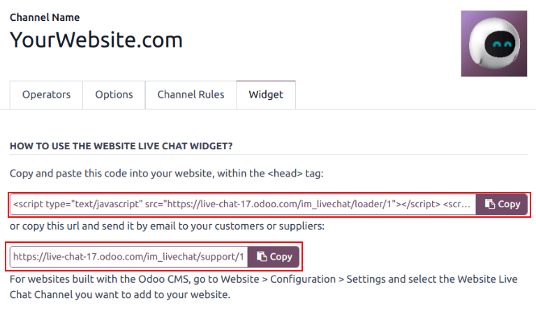 Odooライブチャットのウィジェットタブの表示。