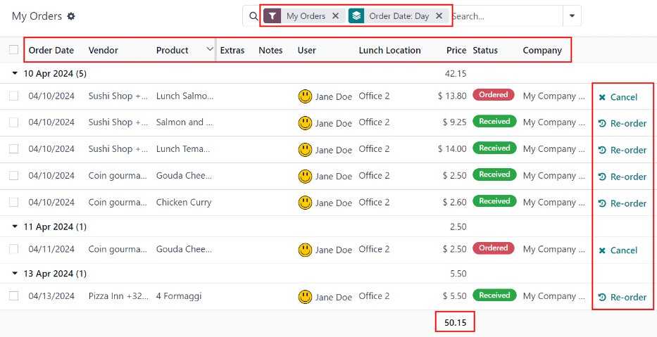 내 주문 현황판으로 이동하면 나타나는 목록 보기