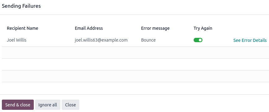 Voorbeeld van een verzendfout.
