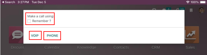 Vensterprompt om te kiezen of u VOIP of de telefoon van het apparaat wilt gebruiken om te bellen.