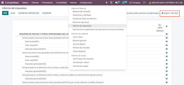 Formularul de raportare 104 pentru Ecuador.
