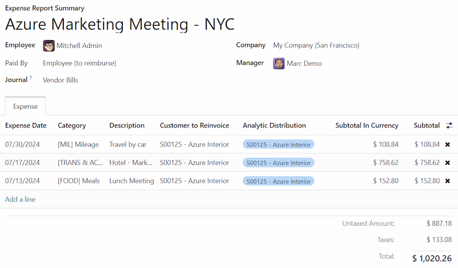 Raportul de cheltuieli cu toate liniile de Distribuție Analitică populate.