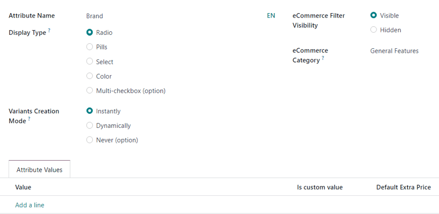 Un formular gol de creare a atributelor în aplicația Odoo Sales.