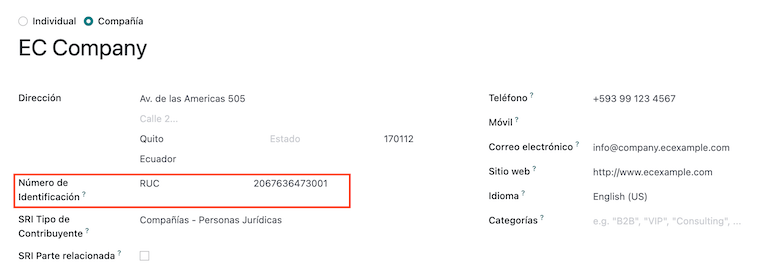 Completați datele companiei pentru Ecuador în Odoo Contacts.