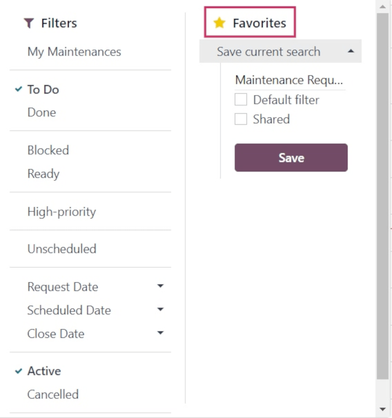 Secțiunea Favorite din meniul drop-down Filtre.