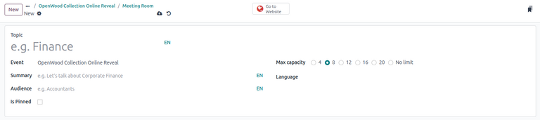 Meeting room form in Odoo Events.