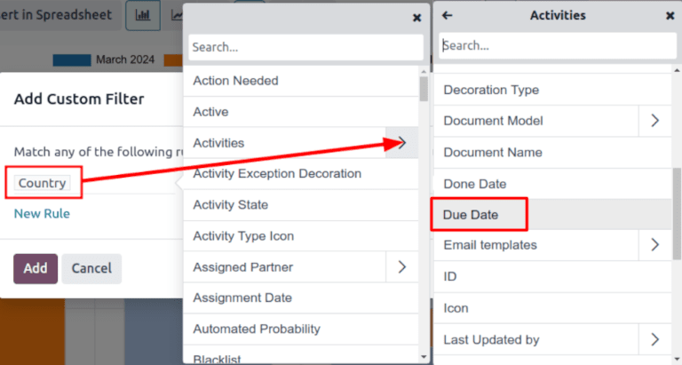Anpassad filterpopup med tonvikt på alternativen för aktiviteter och förfallodatum.