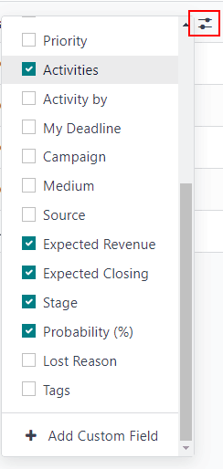 Anpassad filterpopup med tonvikt på alternativen för aktiviteter och förfallodatum.