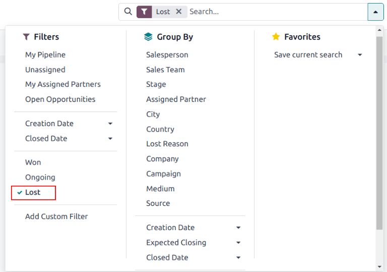 Sökfält med förlorat filter framhävt.