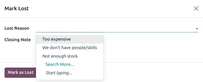 Popup med exempel på förlorade orsaker.